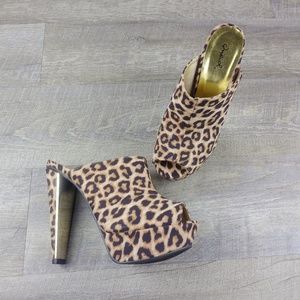 Camel Leopard Slip On Platform Mules by Qupid